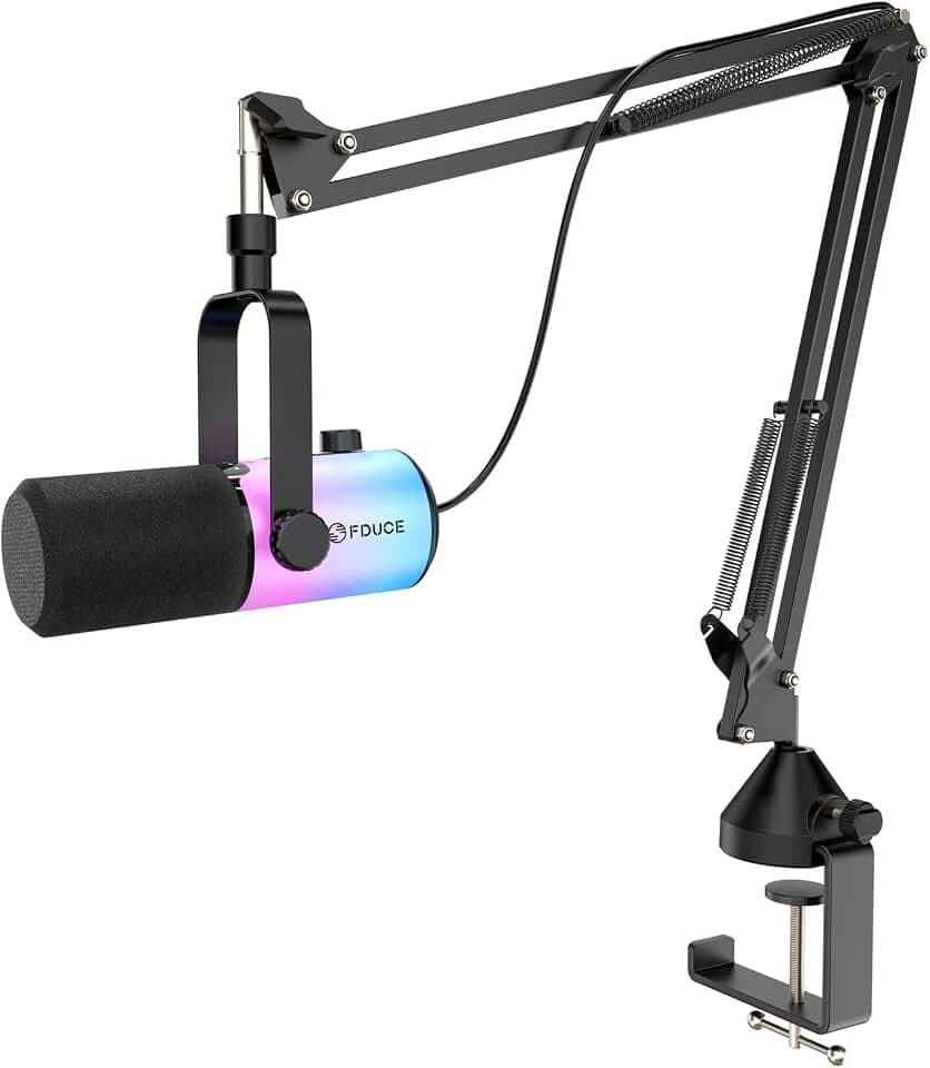 FDUCE Dynamisches USB/XLR-Gaming-Mikrofon für Podcast-Aufnahmen, PC-Computer-Gaming-Streaming-Gesangsmikrofon mit RGB-Licht, Stummschalttaste, Gain-Regler, Kopfhöreranschluss, mit Galgenarm (D20+)