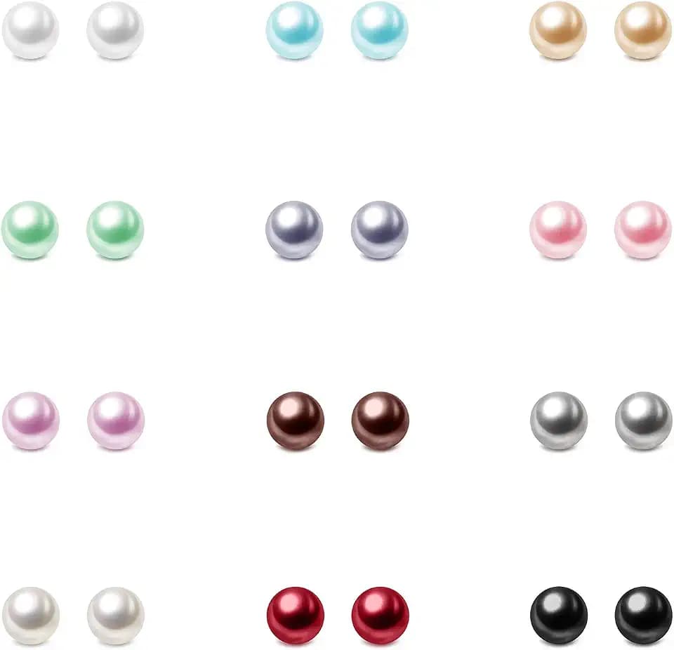 Charisma 4mm Composite Pearl Earrings - Round Ball Pearls Stud Earrings Hypoallergenic 12 Pairs Mixed Color Imitation Pearls Set for Women