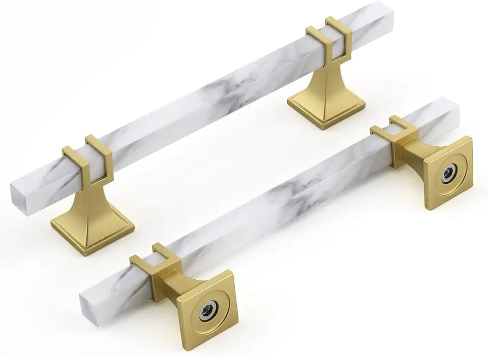 Rergy 10 Pack Cabinet Handles, White Marble & Matte Gold Pulls, 5"