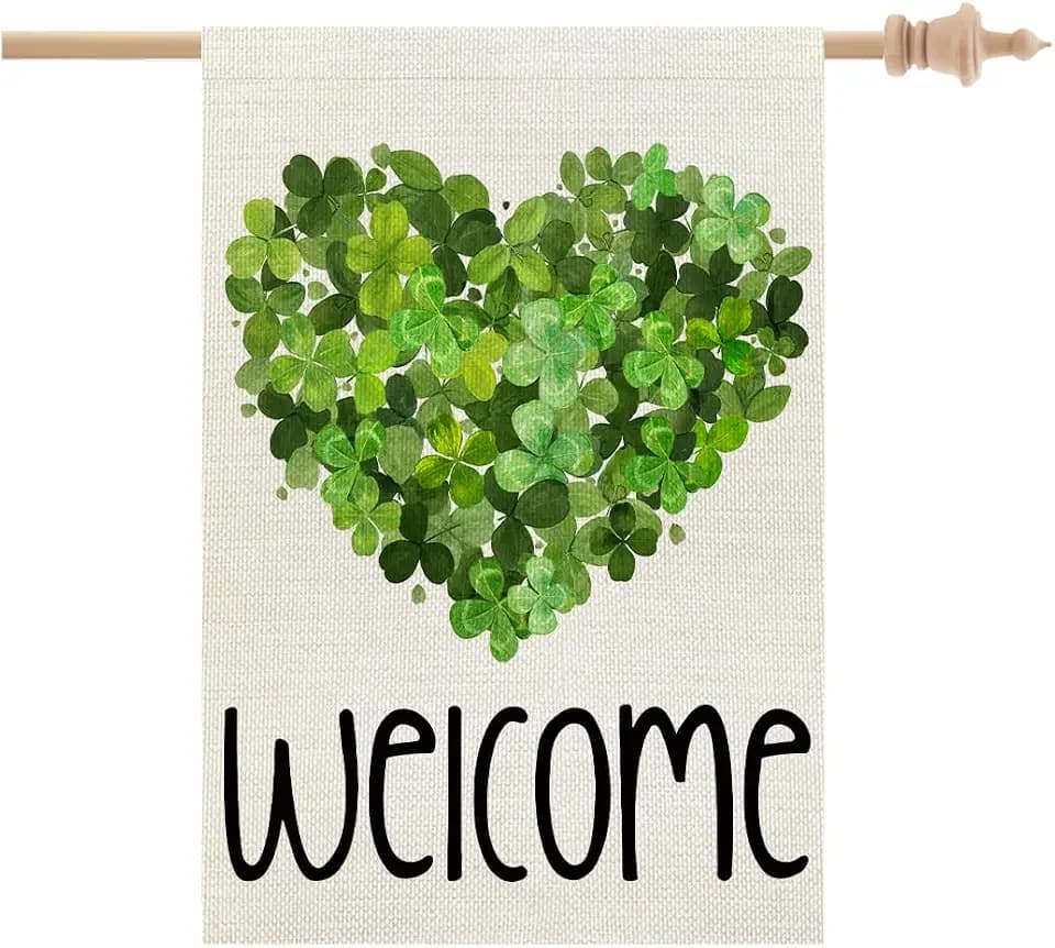 CROWNED BEAUTY St Patricks Day House Flag 28x40 Inch Double Sided Large Burlap for Outside Welcome Green Shamrocks Clovers Heart Holiday Yard Flag CF735-40