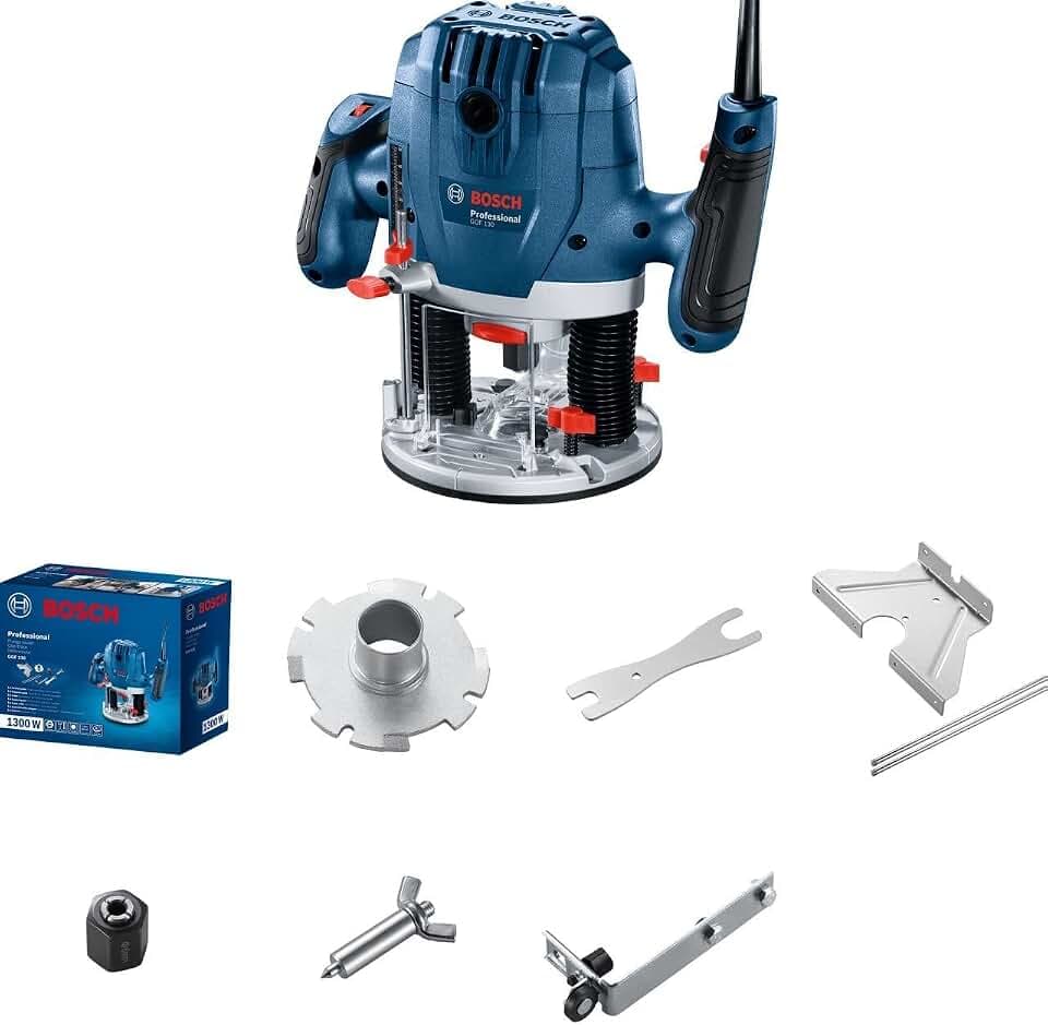 Bosch Professional: Oberfräsmaschine GOF 130 (Parallelführung, Kopierbolzen, Staubabsaugadapter, Zentrierstift, Führungsrolle, 2 Befestigungsklemmen)
