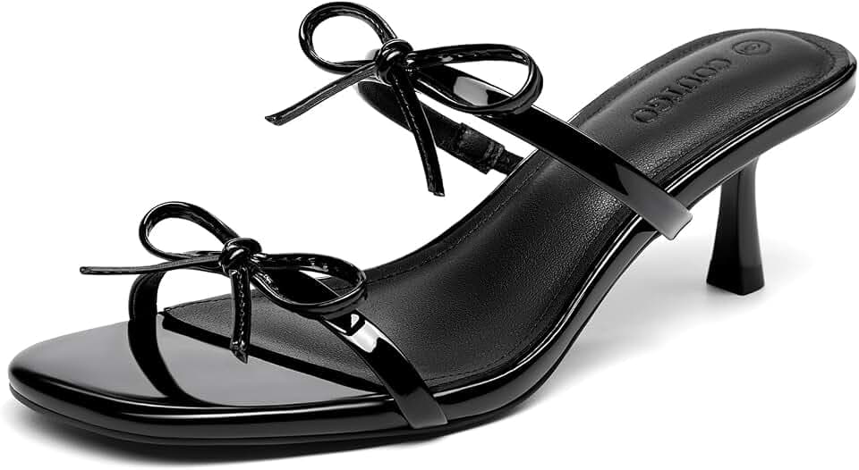 Coutgo Womens Kitten Heels Sandals Bow Square Open Toe Slides Two Strap Slip On Summer Dress Shoes
