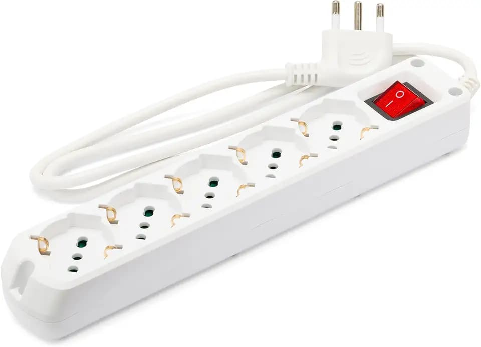 Italienische Steckdosenleiste mit 5 Schuko-Doppelsteckdosen (10/16 A), beleuchtetem Schalter, 3 m Kabel und großem, platzsparendem 16-A-Stecker