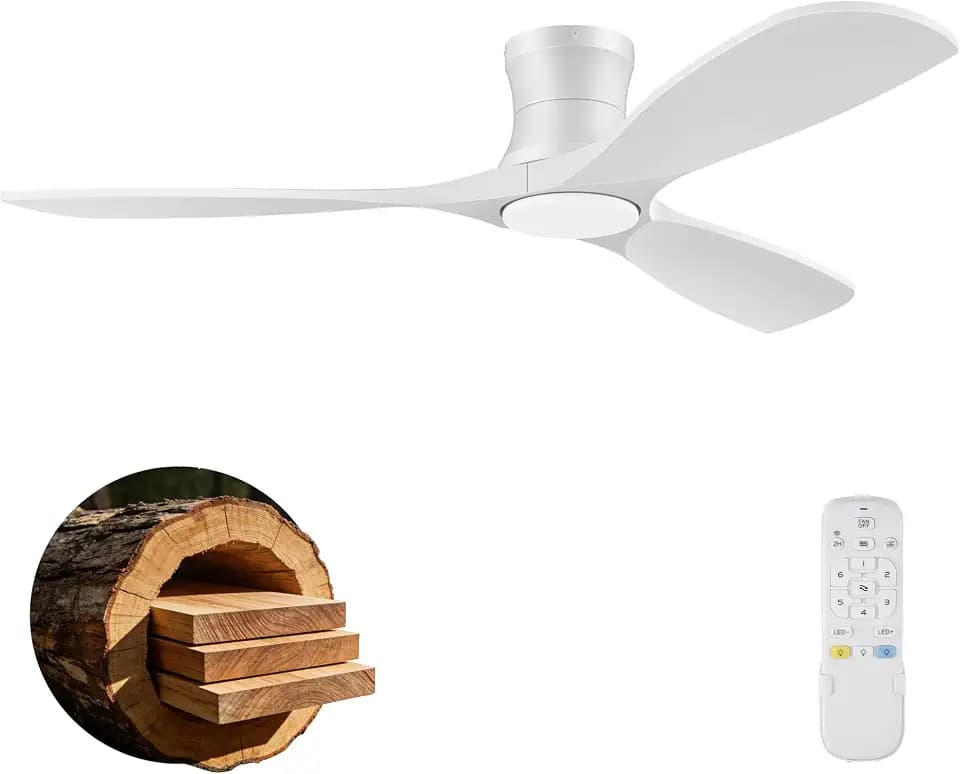 52 Inch Wood Low Profile Ceiling Fans with Lights Remote,Flush Mount,White