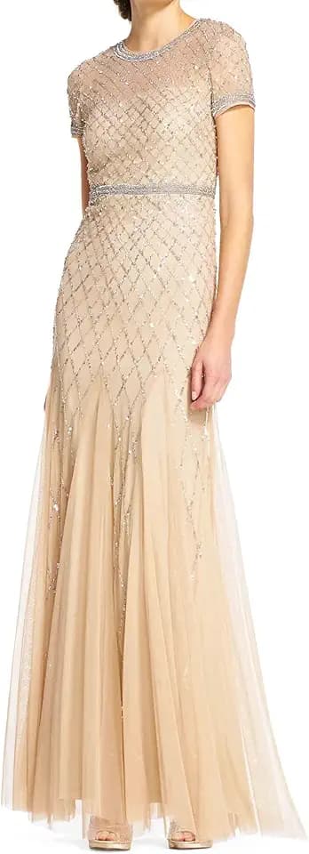 Adrianna Papell Abendkleid für Damen mit kurzen Ärmeln und gitterförmiger Perlenstickerei