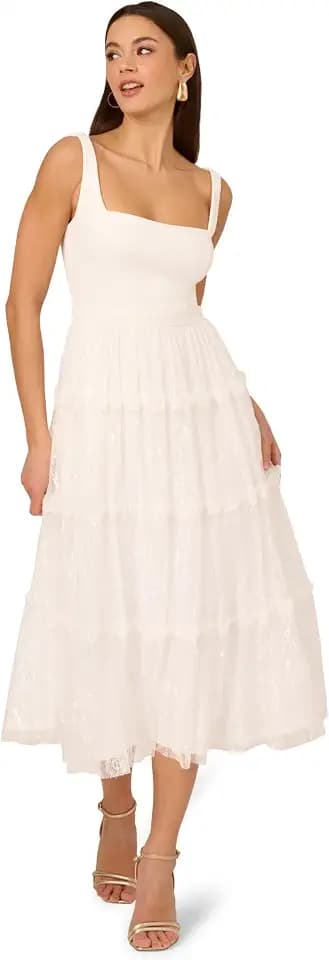 Adrianna Papell Women's Crepe and Lace Midi Dress