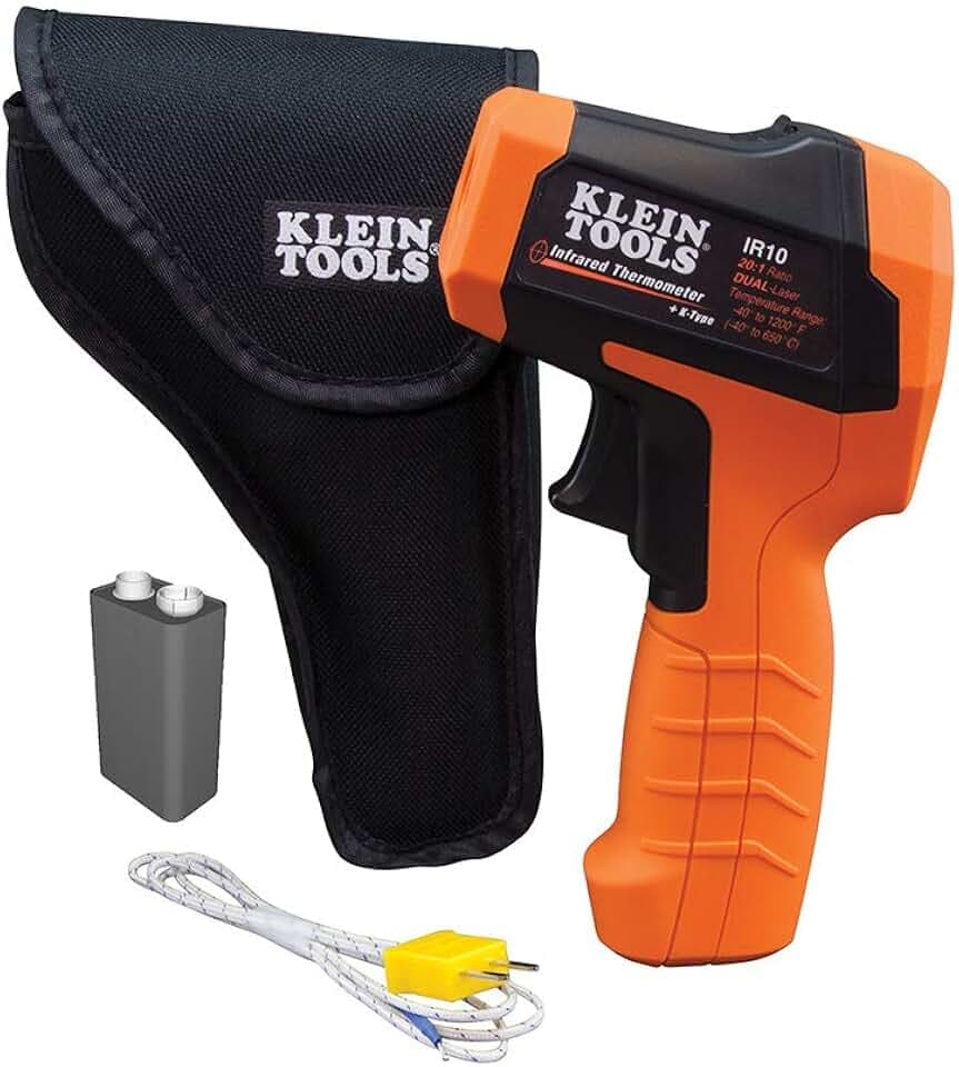 Klein Tools IR10 | Dual-Laser IR-Thermometer & K-Typ Sonde | –40 °C bis 650 °C | DS-Verhältnis 20:1 | Hintergrundbeleuchtetes Display & Alarmfunktionen | Etui, Sonde & 9 V Block enthalten