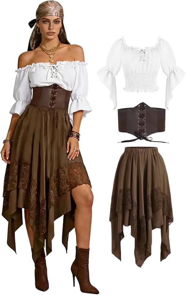 Verceco Women Pirate Costume Adult Renaissance Medieval Outfit with Peasant Top and Pirates Skirt 3-Piece Halloween Set