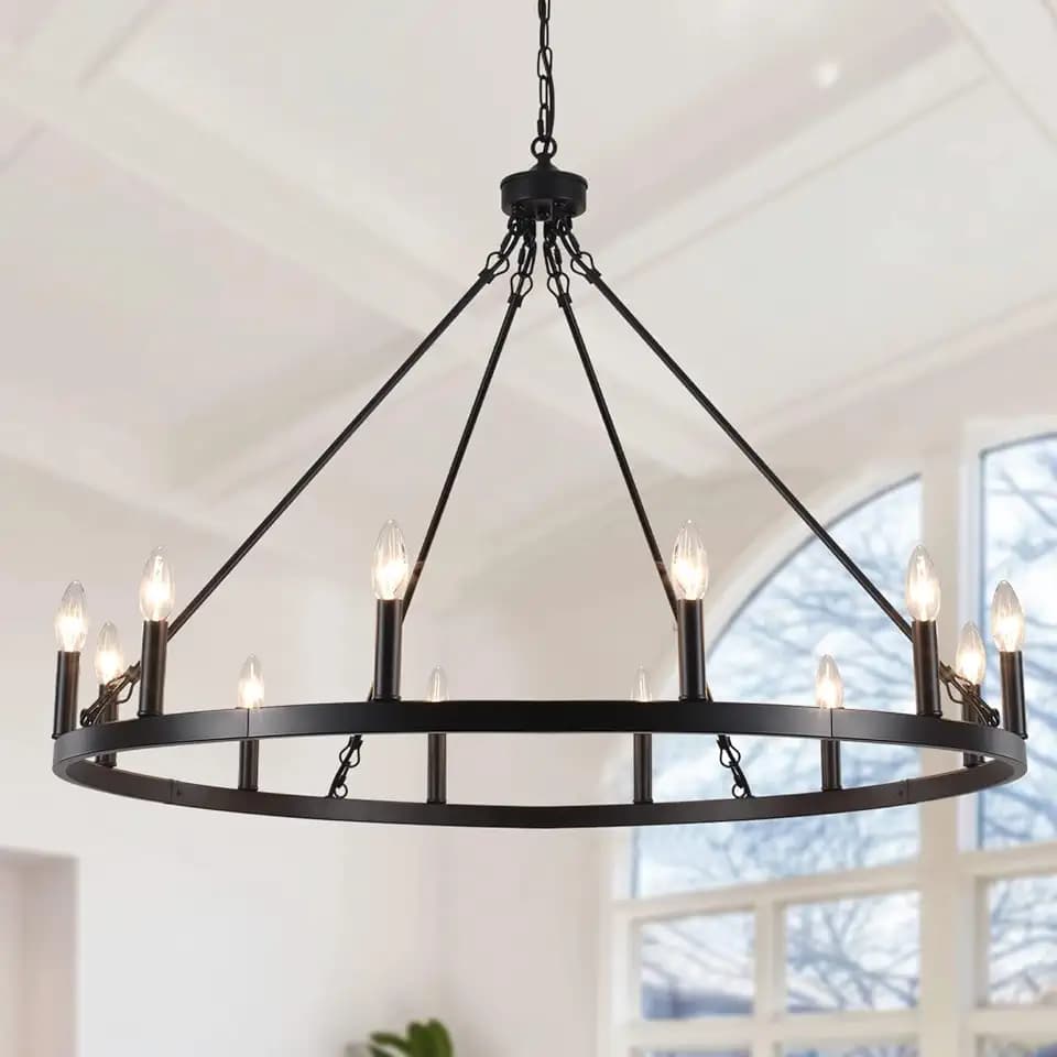 12-Lights Black Wagon Wheel Chandelier 38" Industrial Hanging Light Fixture for Dining Room Farmhouse Round Chandeliers for Living Room Foyer Hallway Kitchen Island Entryway