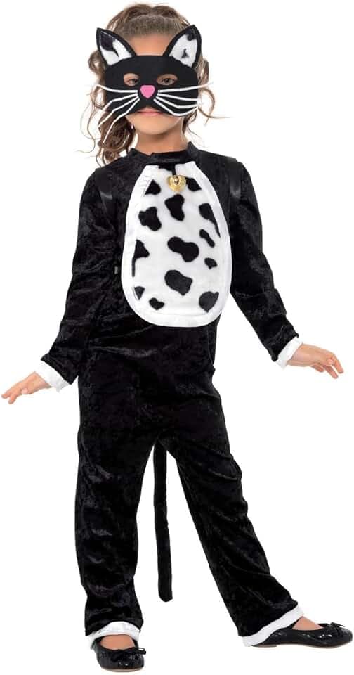 Smiffys, Kinder Mädchen Katzen Kostüm, Bodysuit mit Glöckchen und Maske, Größe: M, 35998