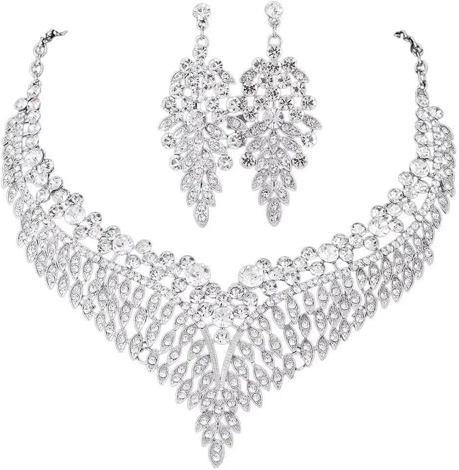Wedding Bridal Jewelry Set Crystal Rhinestone Statement Necklace Vintage Collar Necklace Dangle Earrings Set for Women