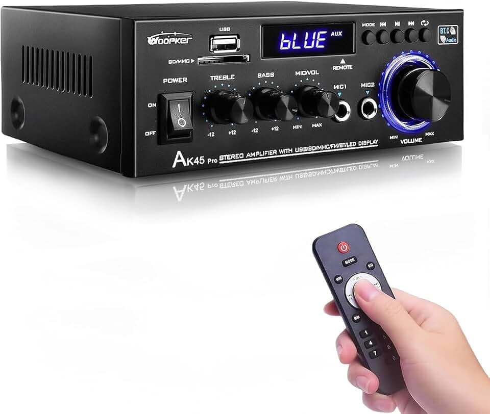AK45 Pro HiFi-Verstärker WOOPKER Mini Verstärker, 500W,2 Kanäle Bluetooth Verstärker Hifi Stereo w/UKW-Radio, USB,SD,RCA,MIC In,Audio Verstärker Receiver für Zuhause oder Auto