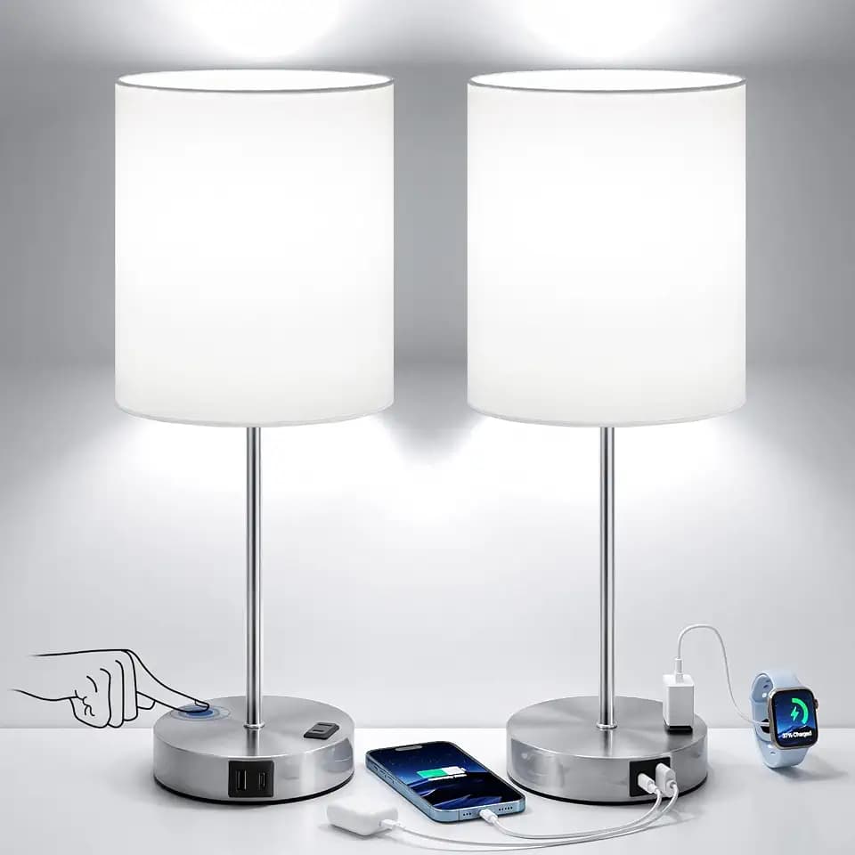 17.6" Silver Touch Lamps for Bedroom Set of 2, Dimmable, USB C+A, AC Outlet