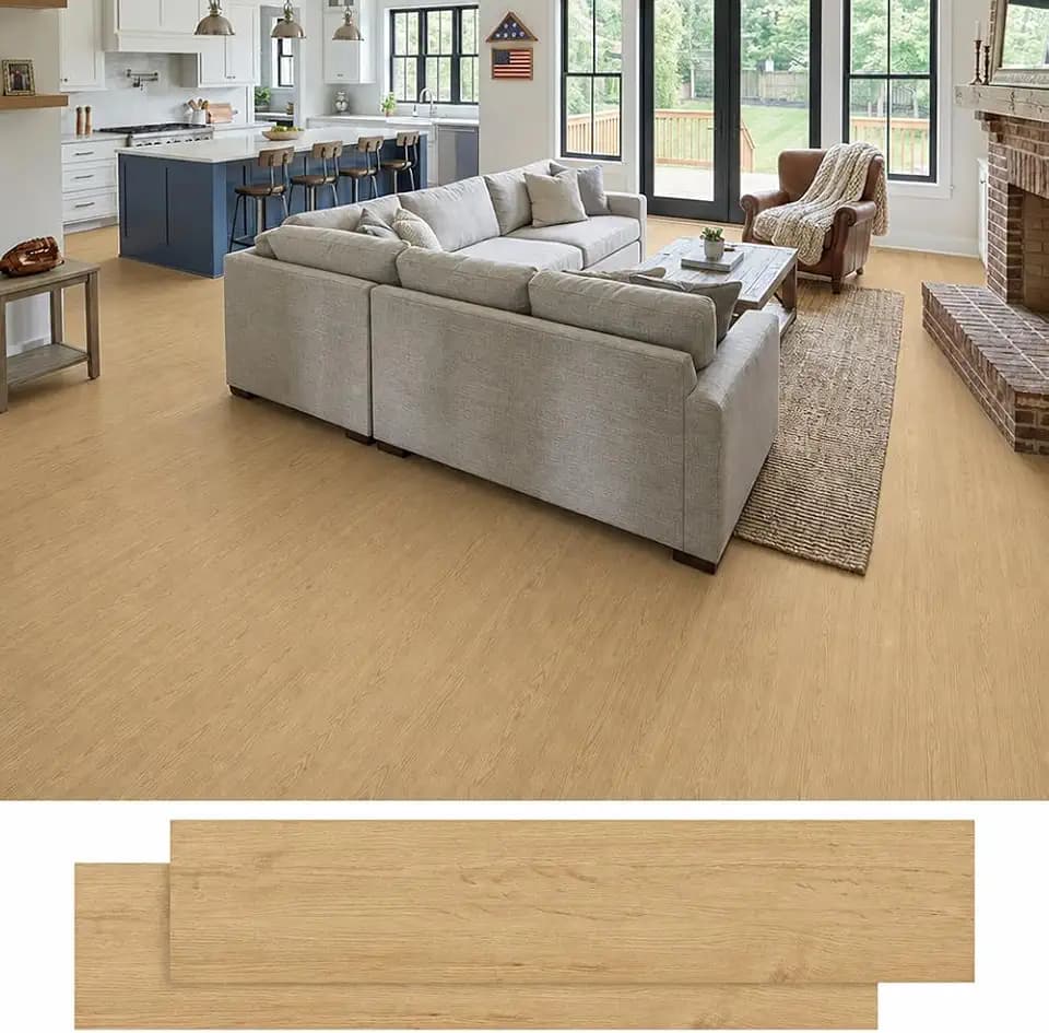 Peel and Stick Floor Tiles, 35in×5.9in 36-Pack Wood Grain Vinyl Flooring, 52 Square Feet, Easy DIY Self-Adhesive Flooring for Kitchen/Bedroom/Living Room, Light Brown.