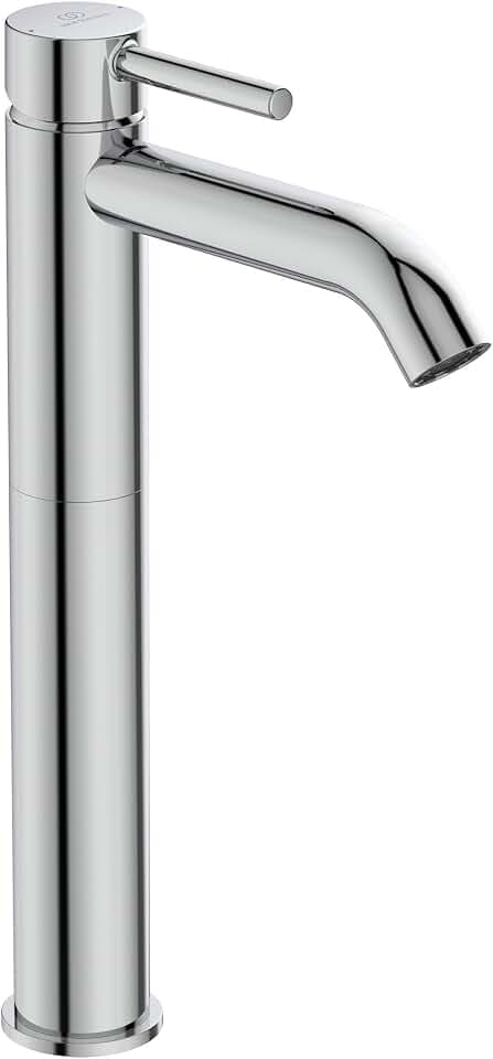 Ideal Standard – Ceraline Waschtischarmatur, Verlängerter Sockel, ohne Ablaufgarnitur, mit FirmaFlow Kartusche, wassersparend, Schaftverschraubung von unten, Chrom