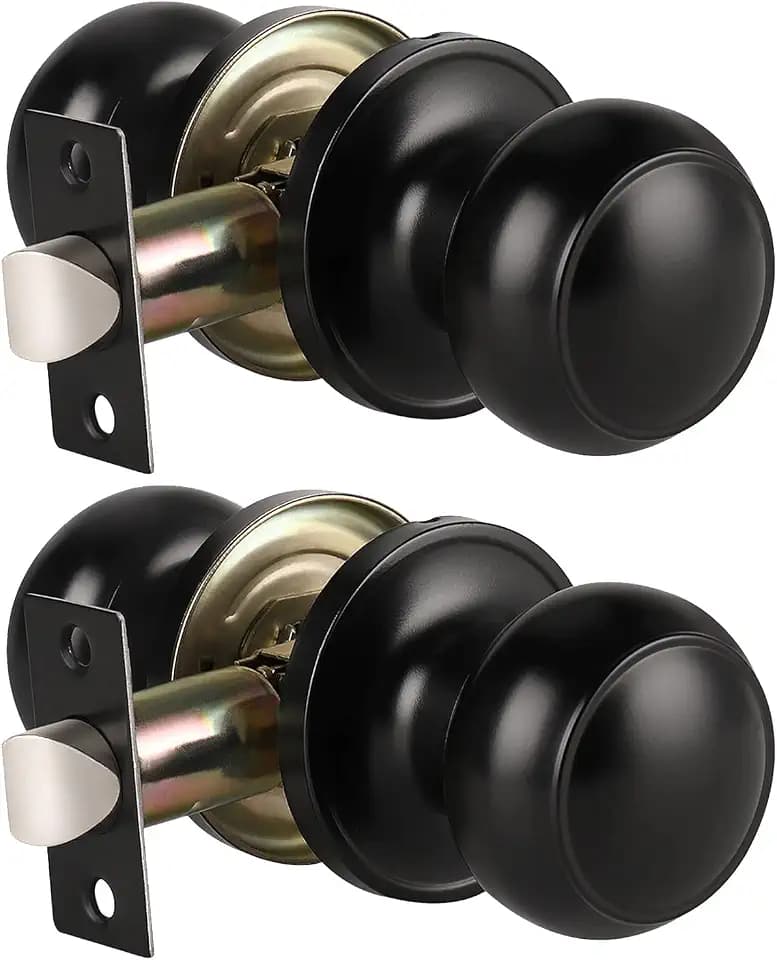 KNOBWELL 2 Pack Matte Black Interior Door Knobs, Classic Passage Door Knob Set for Hall and Closet, Keyless Door Knobs Indoor Use