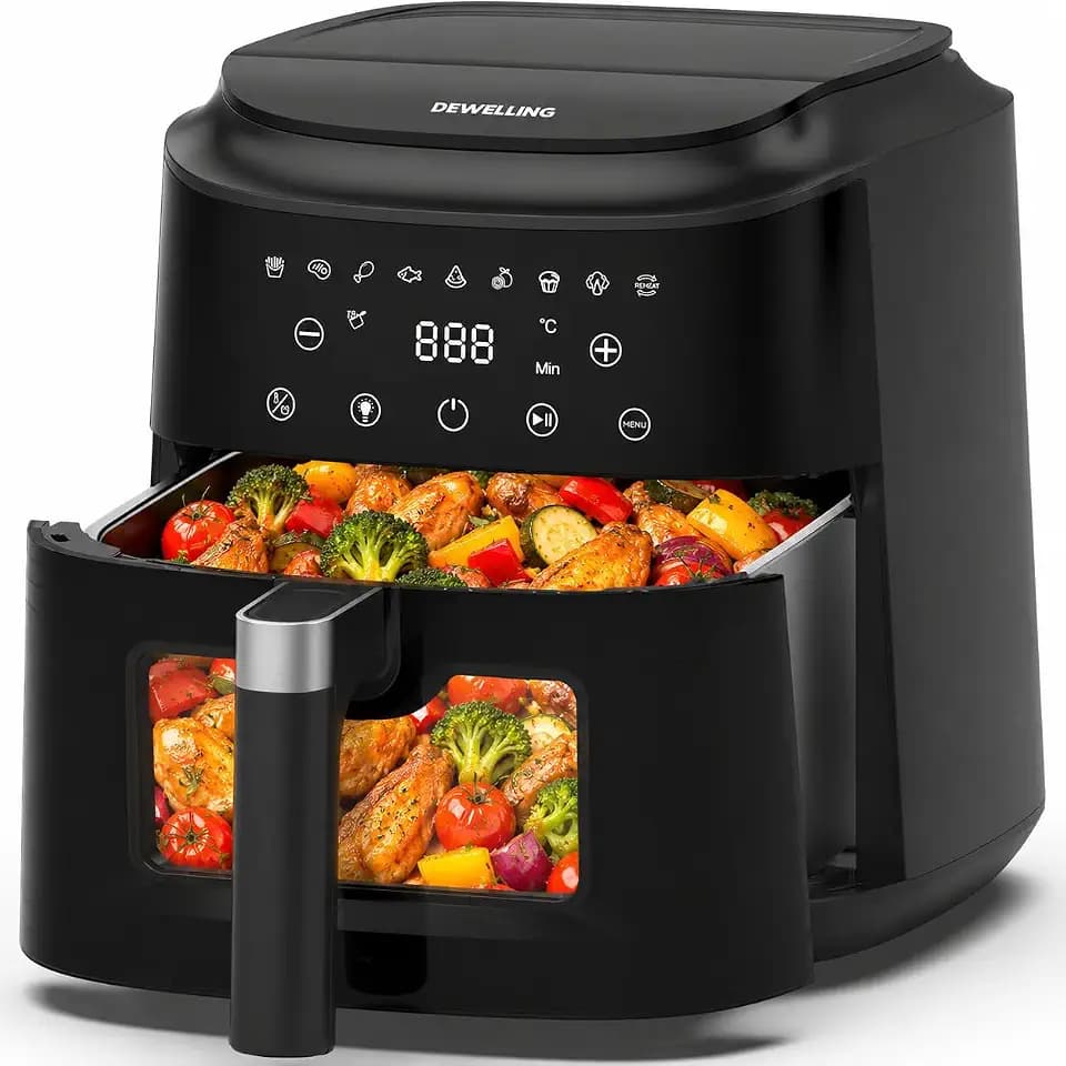 Airfryer XL 6L, Heißluftfritteuse mit Sichtfenster, Heissluftfriteuse mit Touch Screen, 9 Programmen, 1650W, Metall-Innenraum, Ohne PFAS Für gesundes Koche, 40–200°C