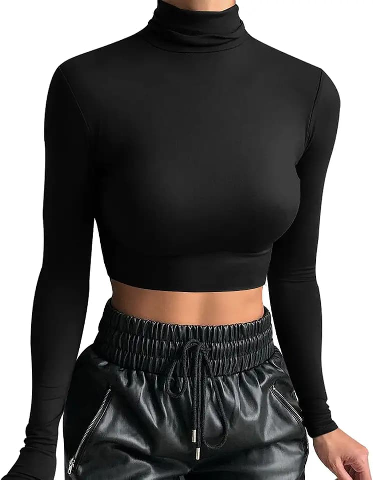 LCNBA Women's Long Sleeve Crop Top Turtleneck Sexy Basic Cropped Tops Shirt