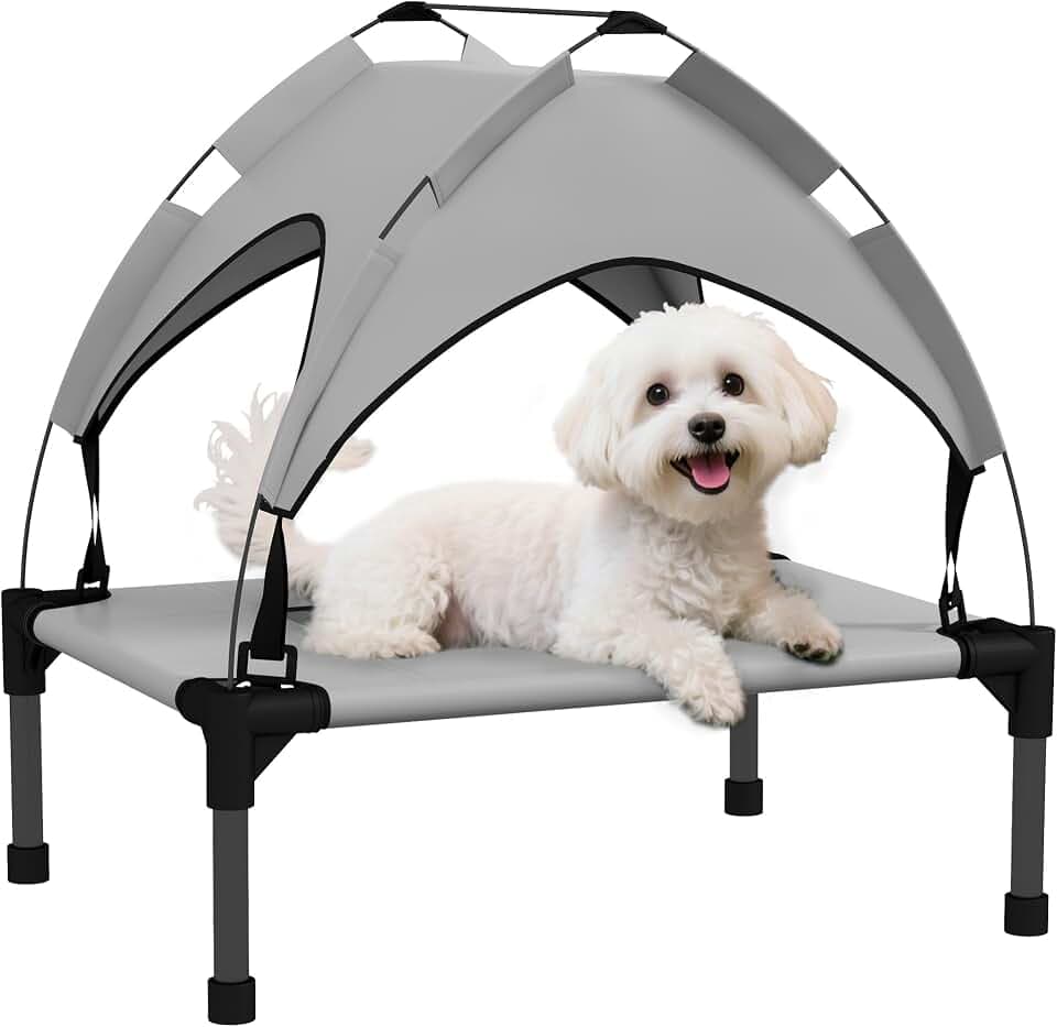 PawHut Erhöhtes Hundebett, Camp für Hunde, Velum aus Taffetas, Stoff aus mikroperforiertem Textilene + Transporttasche inklusive, einfach zu montieren, 61 x 46 x 63 cm, grau