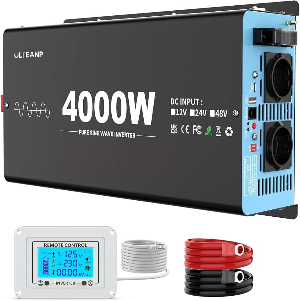 OLTEANP 4000W Wechselrichter Reiner Sinus 12V auf 230V KFZ Spannungswandler mit LCD-Bildschirm-Fernbedienung, 2 AC Steckdosen,USB & Type-C Port Solar Power Inverter für Wohnwagen, Boot, Camping