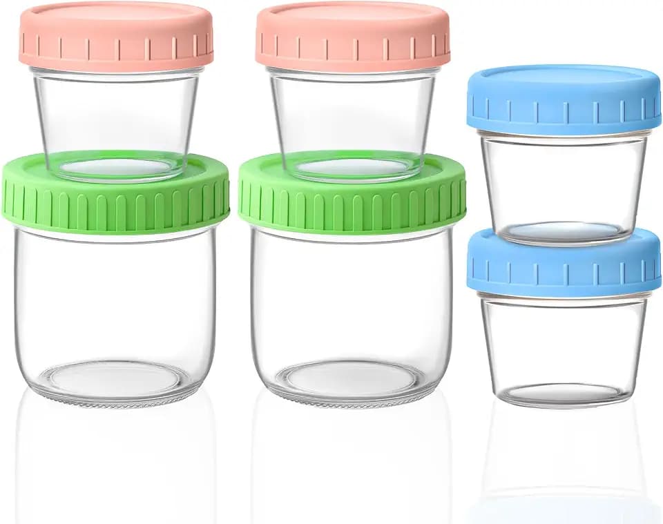 Aolso Babynahrungs-Aufbewahrungsbehälter, Zwei Modelle Babybrei Einfrieren Behälter Glas, insgesamt 6 Stück, Babynahrung aufbewahrung, mit luftdichten Deckeln, perfekt für Säuglings(300ml und 100ml)