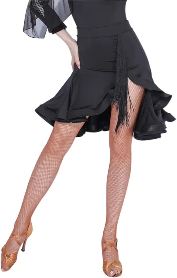 Z&X Women's Latin Salsa Dance Skirt Hi-Lo Fishbone Ruffle Swing Skirt Ballroom Fringe Dancing Skirts with Shorts