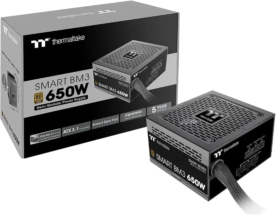 Thermaltake Smart BM3 650W 80Plus Bronze ATX 3.1 & PCIE 5 Ready Semi-Modular Power Supply; 105°C/221°F Japanese Capacitor; 5 Year Warranty; PS-SPD-0650MNFABU-3