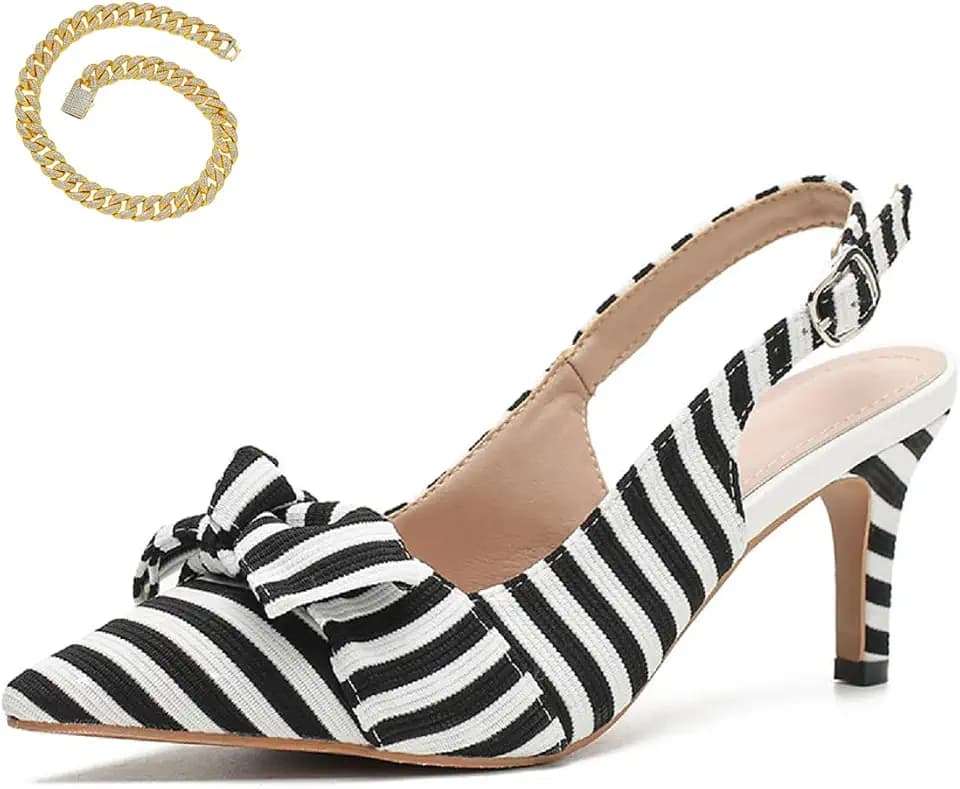 Women's White Black Stripes Slingback Kitten Heels Closed Pointed Toe Bow Tie Slip On Work Pumps Ankle Strap Stiletto Formal Party Wedding Dress Shoes