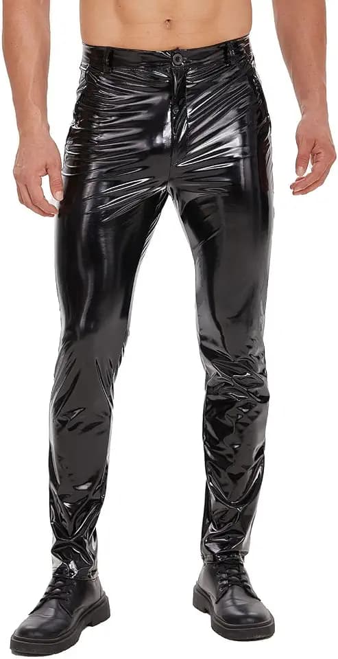 Mens Shiny Leather Pants, Sexy Zipper Open Crotch, Wetlook, Glossy Casual Trousers, Black