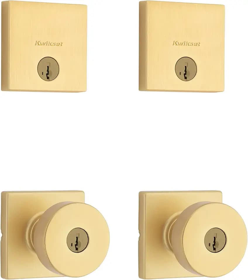 Kwikset Pismo Square Front Door Lock Handle and Deadbolt Set, Entry Exterior with Interior Door Knob, Satin Brass, Project Pack, Pick Resistant SmartKey Rekey Deadbolt Security