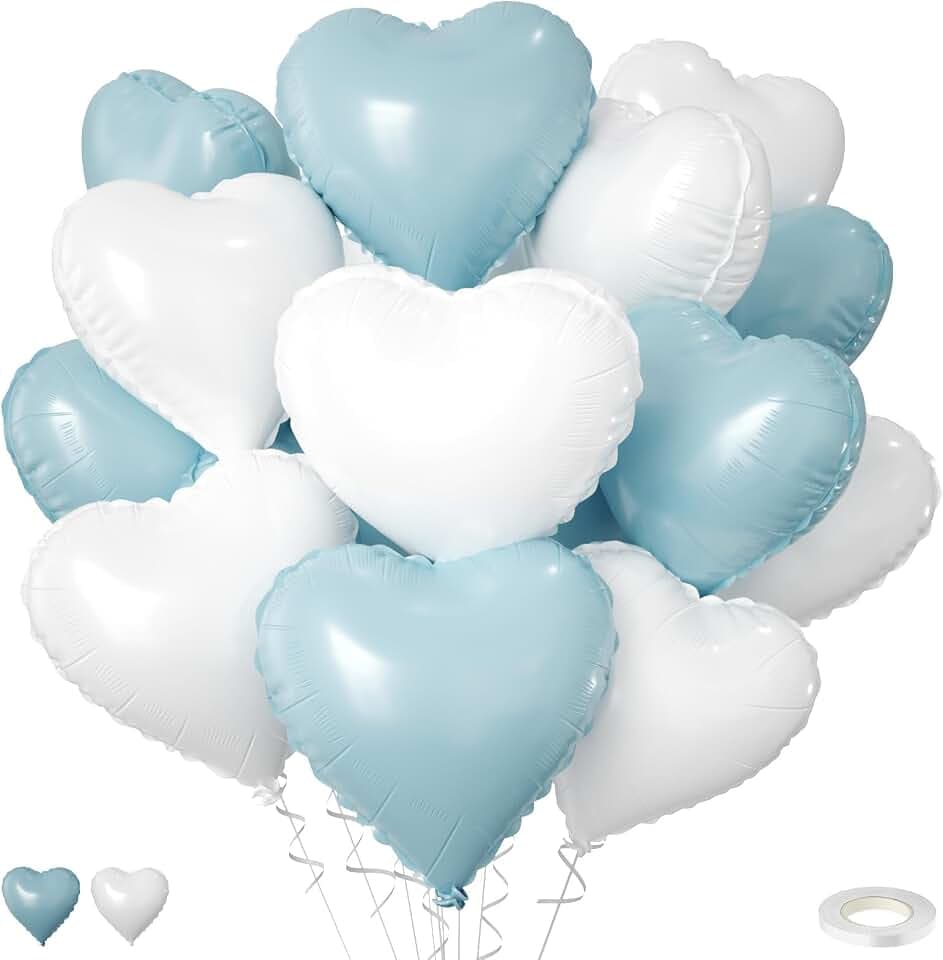 Blue White Heart Balloons 15Pcs 18Inch White Baby Blue Heart Shaped Foil