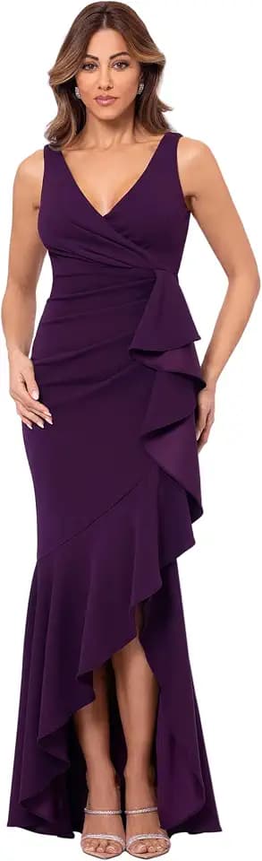 Betsy & Adam Women's V-Neck Hi Low Sleeveless Floor Length Cascade Dress with Draped Ruffle, Mulberry, 17