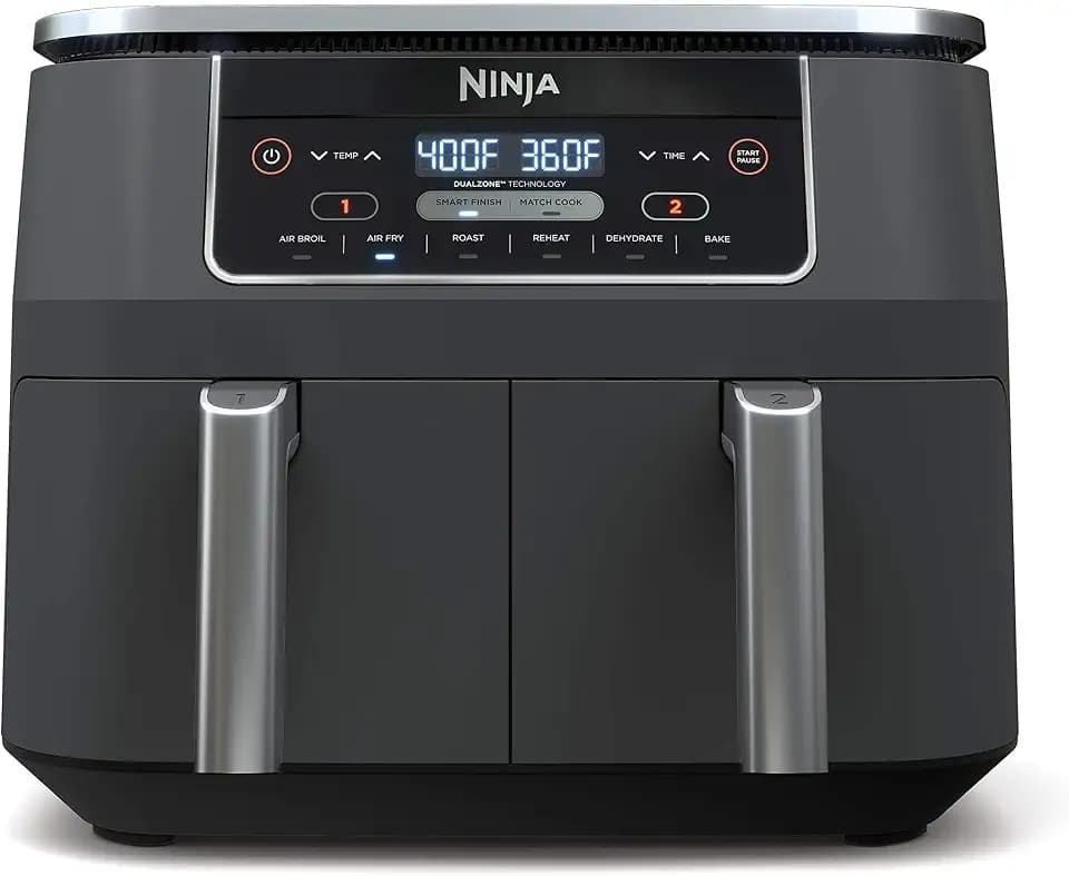 Ninja DZ201 Foodi 8 Quart 6-in-1 DualZone 2-Basket Air Fryer, Match Cook and Smart Finish to Roast, Broil, Dehydrate for Quick Easy Meals, Grey