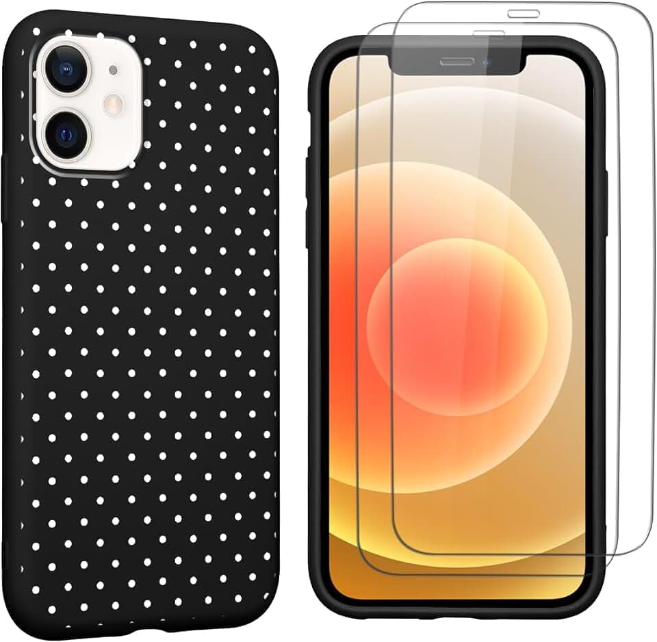 Polka Dot Phone Case for iPhone 12 Mini 5.4" Case with 2 Pack Tempered Screen Protector, Cute Simple Trendy Design Shockproof TPU Soft Matte Protective Funda Cover for Women Girls, Black
