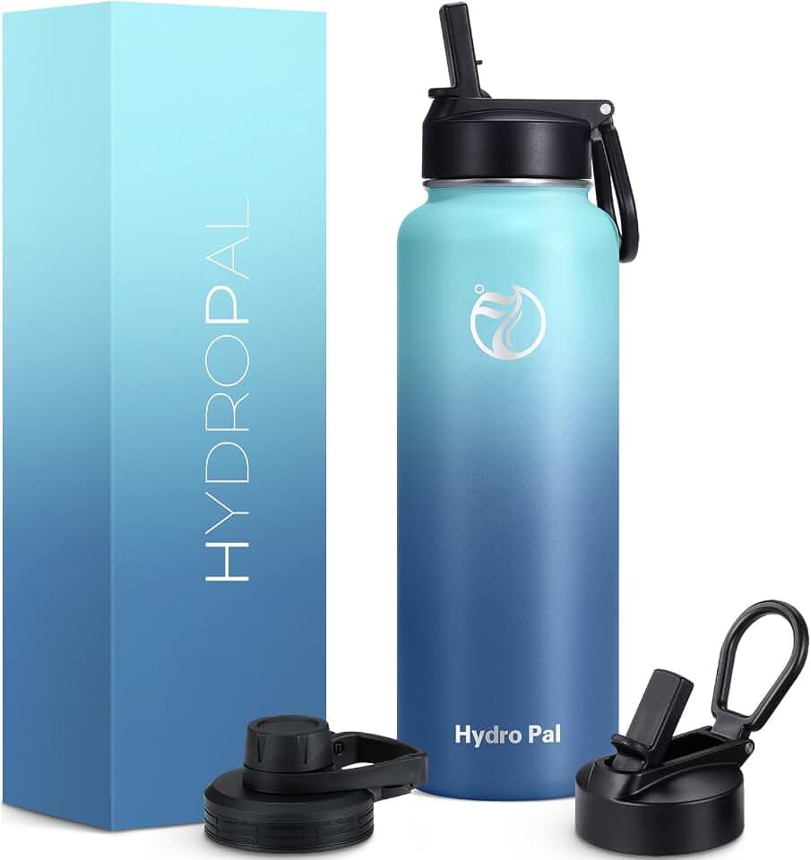 HydroPal 1,2L Edelstahl Isolierflasche,Trinkflasche mit Strohhalm 2 Deckel | BPA-frei, 24h kalt & 12h heiß Vakuumflasche, auslaufsicher Wasserflasche, Stroh- und Ausgussdeckel Sportflasche für Alltag