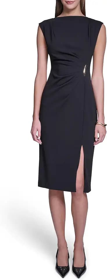 Halston Women's Sleeveless Body Con Midi Dress with Hardware Detail