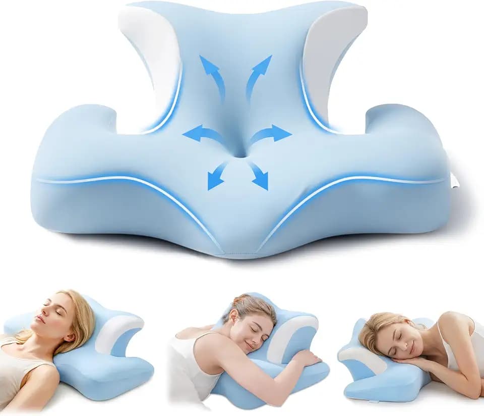 COSYLAND Nackenstützkissen aus Memory-Schaum – orthopädisches ergonomisches Schmetterlingskissen mit Ohrloch & Armauflage, Kopfkissen für Seitenschläfer, waschbarer Bezug, Himmelblau