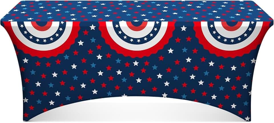 Oudain 4th of July Stretch Tablecloth 6FT American Flag Table Cover Patriotic Red White and Blue Star Spandex Tablecloth for 250th Anniversary Independence Day Memorial Veterans Day Party (Festive)
