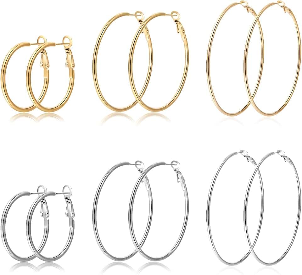 PABBEU 5Pairs Stainless Steel Large Silver Hoop Earrings for Women 25-70MM