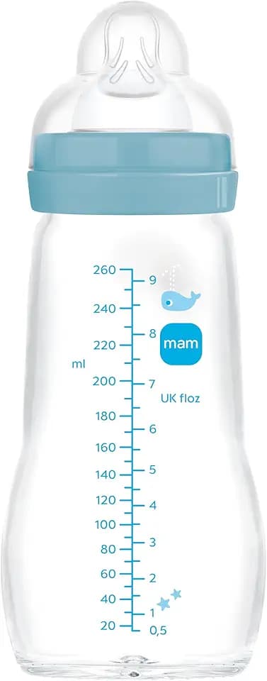 MAM Glasflasche, 2-4 Monate, 260 ml, mit Sauger 2 mit mittlerem Durchfluss aus Silikon, leicht zu reinigen, Blau, 1 Stück
