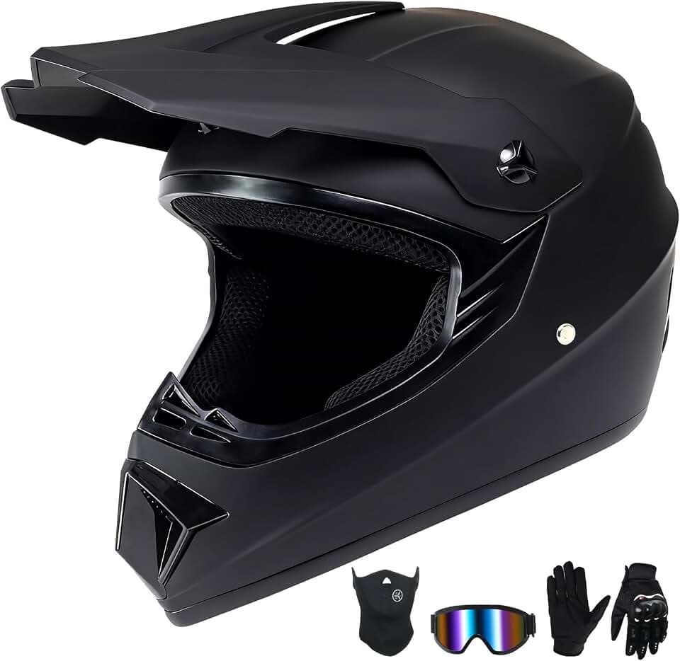 Youth Dirt Bike Helmet,Kids Motocross Full Face Helmets,Mountain Bike BMX MX ATV Boys Motorcycle Helmet for Kids 8-14 with(Goggles,Gloves,Mask) 4-Pcs Set,DOT Approved(Black,L)