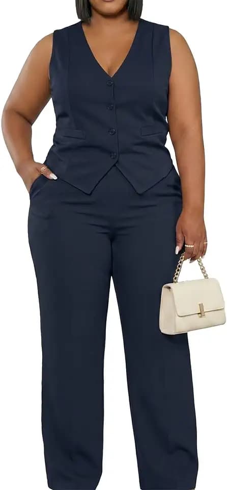 CXXQ Women Plus Size 2 Piece Pant Suits Vest Wide Leg Pants Outfits Sets