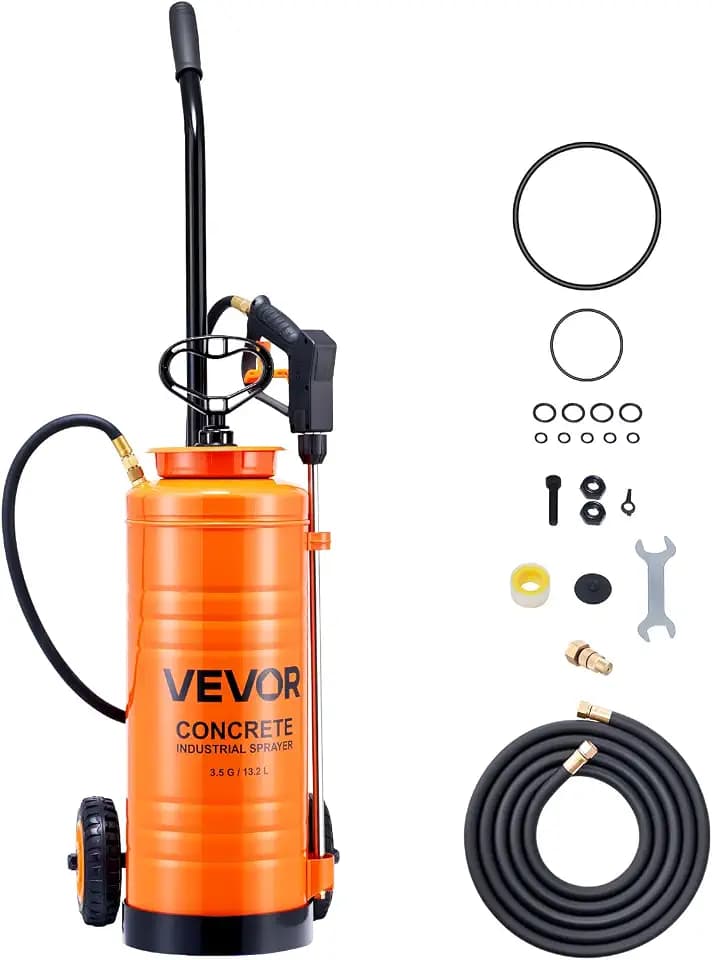 VEVOR Drucksprüher, Sprühgerät, Industrieller Betonsprüher mit Rolle, 13,2 L Edelstahlsprüher, Hochleistungs-Pumpsprüher, inkl. Schläuche, 2 Messingdüsen, ideal für BAU, Rasen und Garten