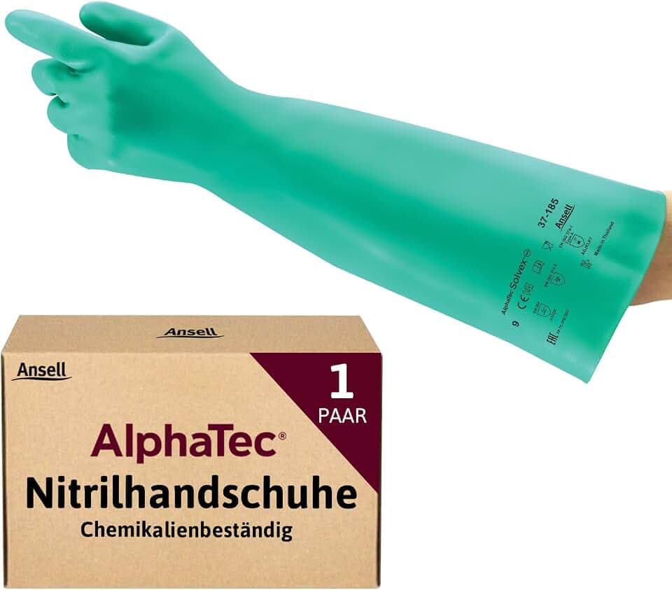 Ansell AlphaTec 37-185 Nitril-Arbeitshandschuhe, Industrie Chemikalien und Lebensmitteln, Chemikalien-Schutz Latexfrei, Chemie-Handschuh Säurefest, Damen Herren, Grün, Größe S (1 Paar)