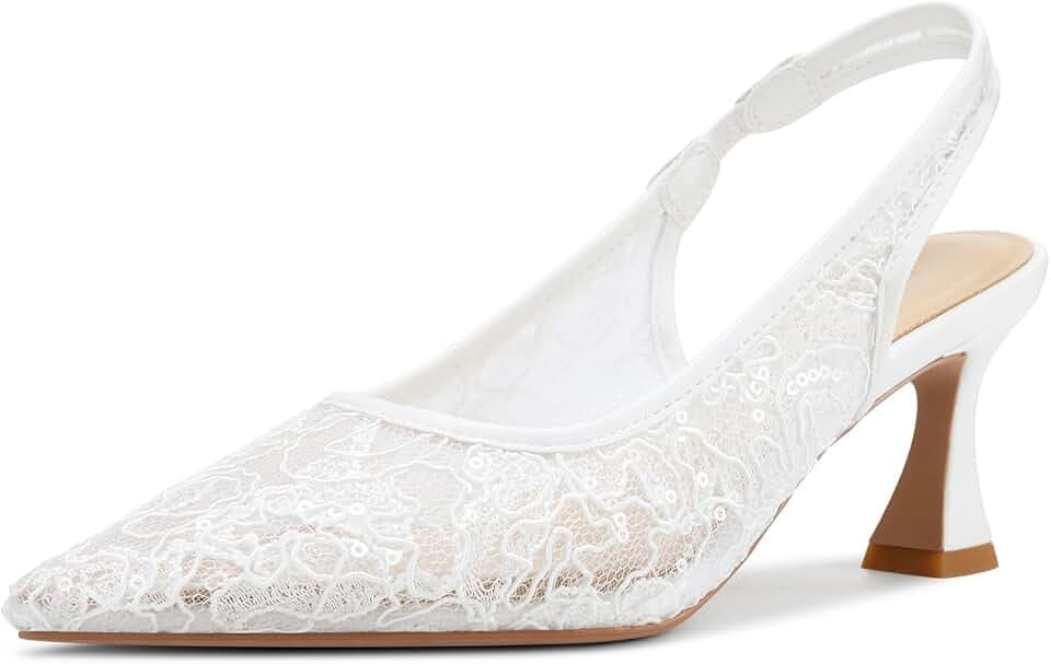 Aachcol Womens Lace Mesh Slingback Heels Closed Pointed Toe Wedding Pumps Kitten Heel Bridal Dress Shoes 2.5 Inches Heels