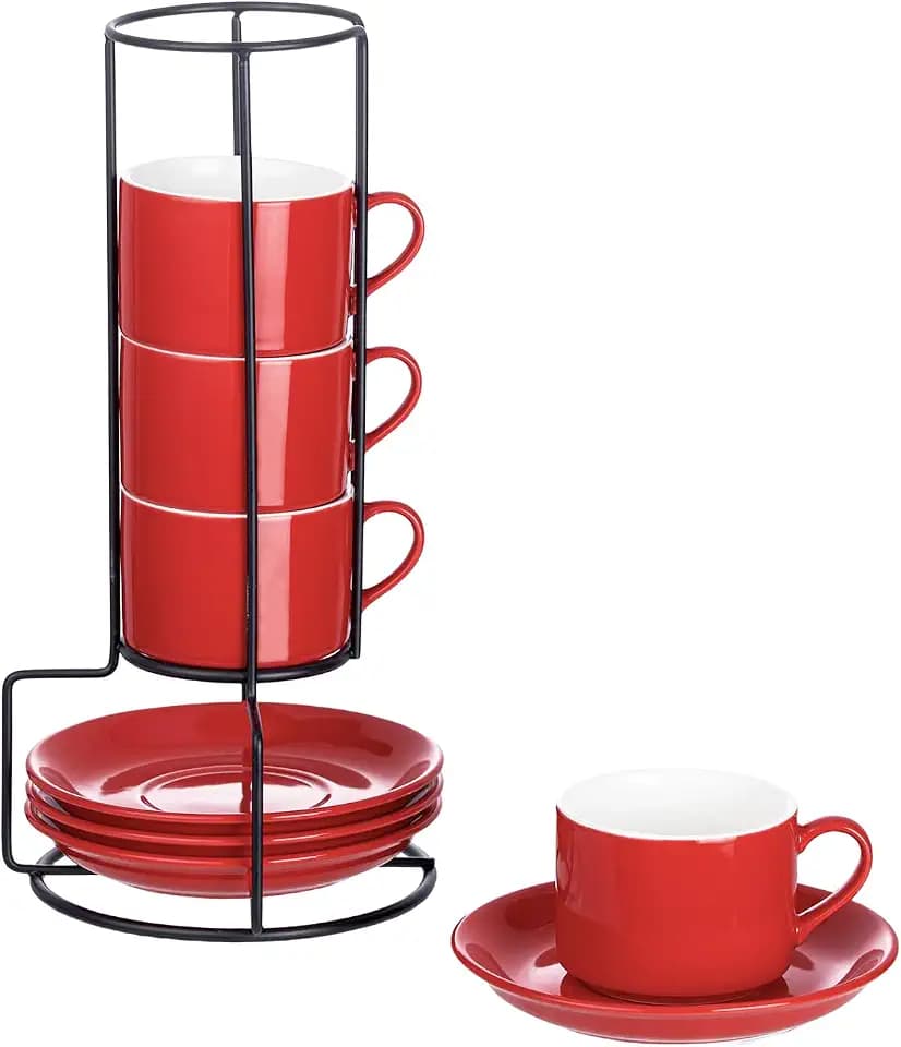 4 OZ Porcelain Stackable Espresso Cups and Metal Stand Set of 4
