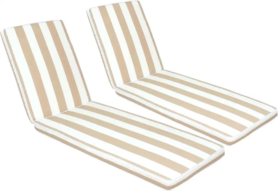 Outdoor Chaise Lounge Cushions Set of 2, 75"x22"x3" Thick Patio Chaise Cushions with Straps, Water-Resistant & Fade-Resistant Foam for Pool, Lawn Furniture-Beige/White Striped