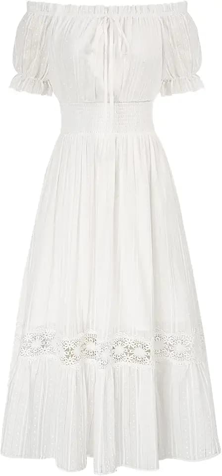 SCARLET DARKNESS Damen Renaissance Kleider Schulterfrei Puffärmel Gesmokte Taille Baumwollkleid