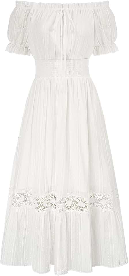 SCARLET DARKNESS Damen Renaissance Kleider Schulterfrei Puffärmel Gesmokte Taille Baumwollkleid