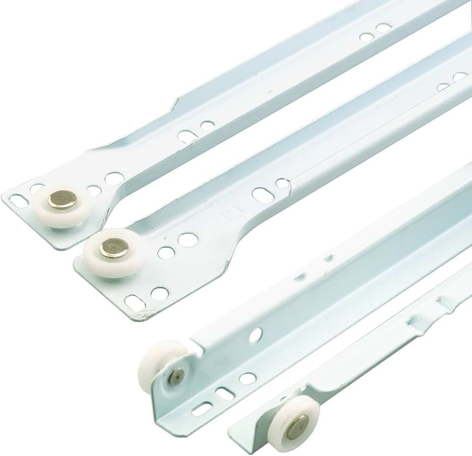 Prime-Line MP7210 Drawer Slide Kit – Replace Drawer Track Hardware – Self-Closing Design –Fits Most Bottom/ Side-Mounted Drawer Systems –15-3/4 In. Steel Tracks, Plastic Wheels, White (1 Pair)